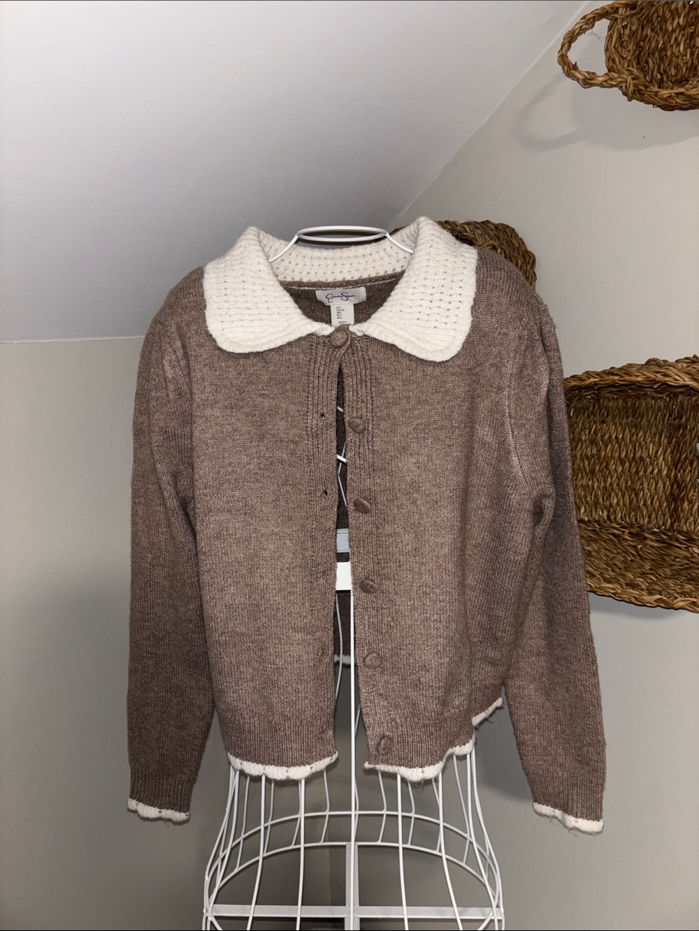 Jessica Simpson Brown Cardigan with Cream Crochet Collar